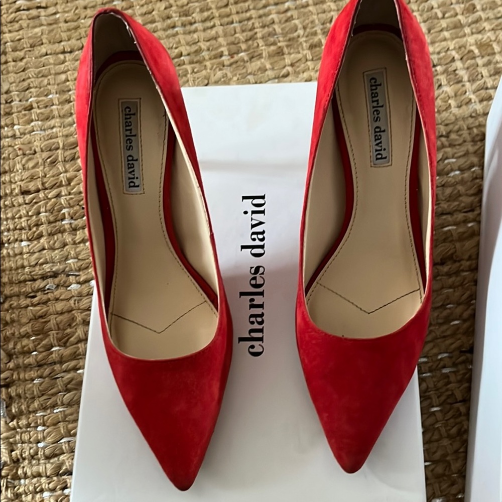 Charles David Red Suede Heels with Elegant Pointed Toe